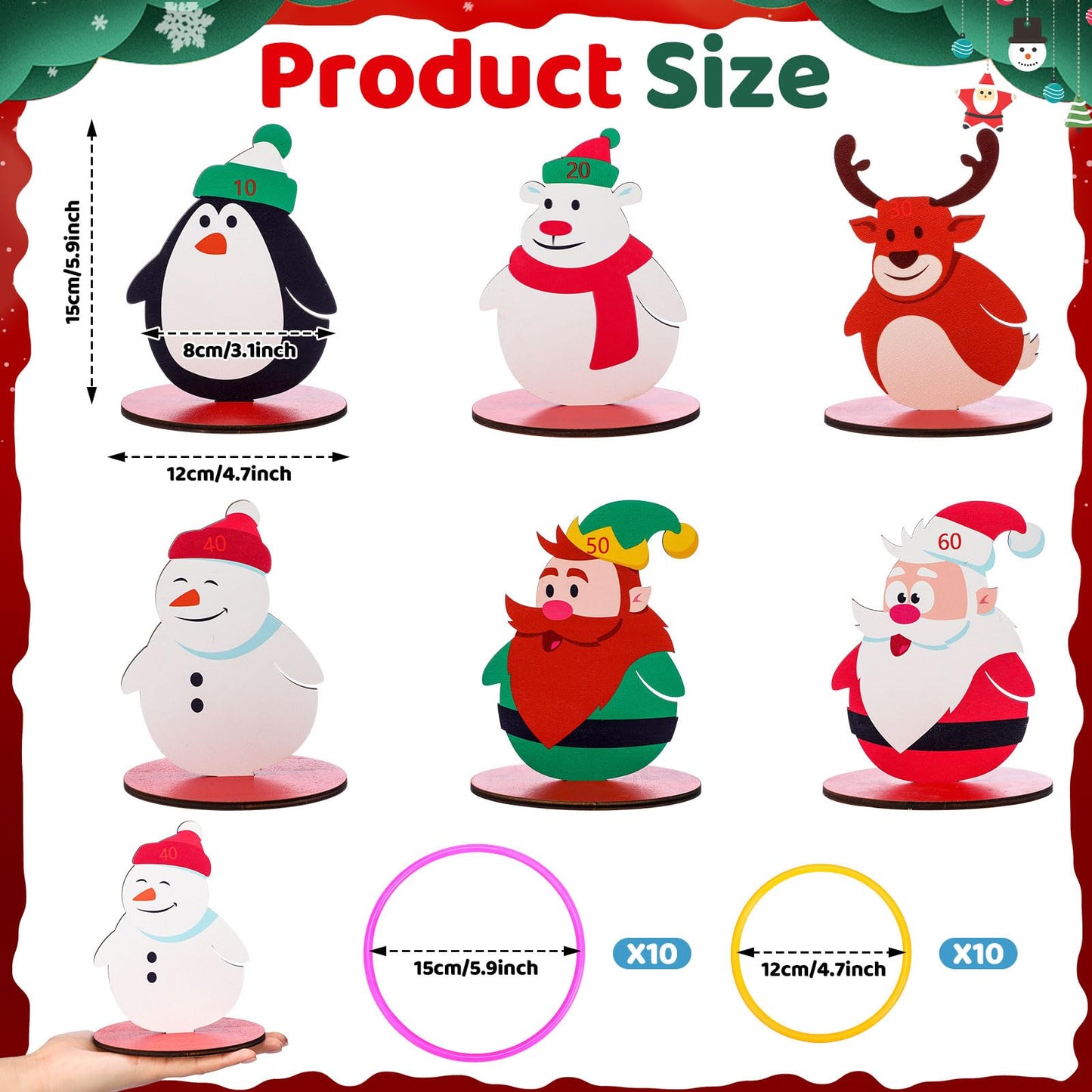 Jenaai 32 Pcs Christmas Snowman Ring Toss Game, Christmas Wooden Ring Toss Game Set for Family Indoor Outdoor Play Xmas Party Supplies Decoration Penguin Bear Santa Claus Deer