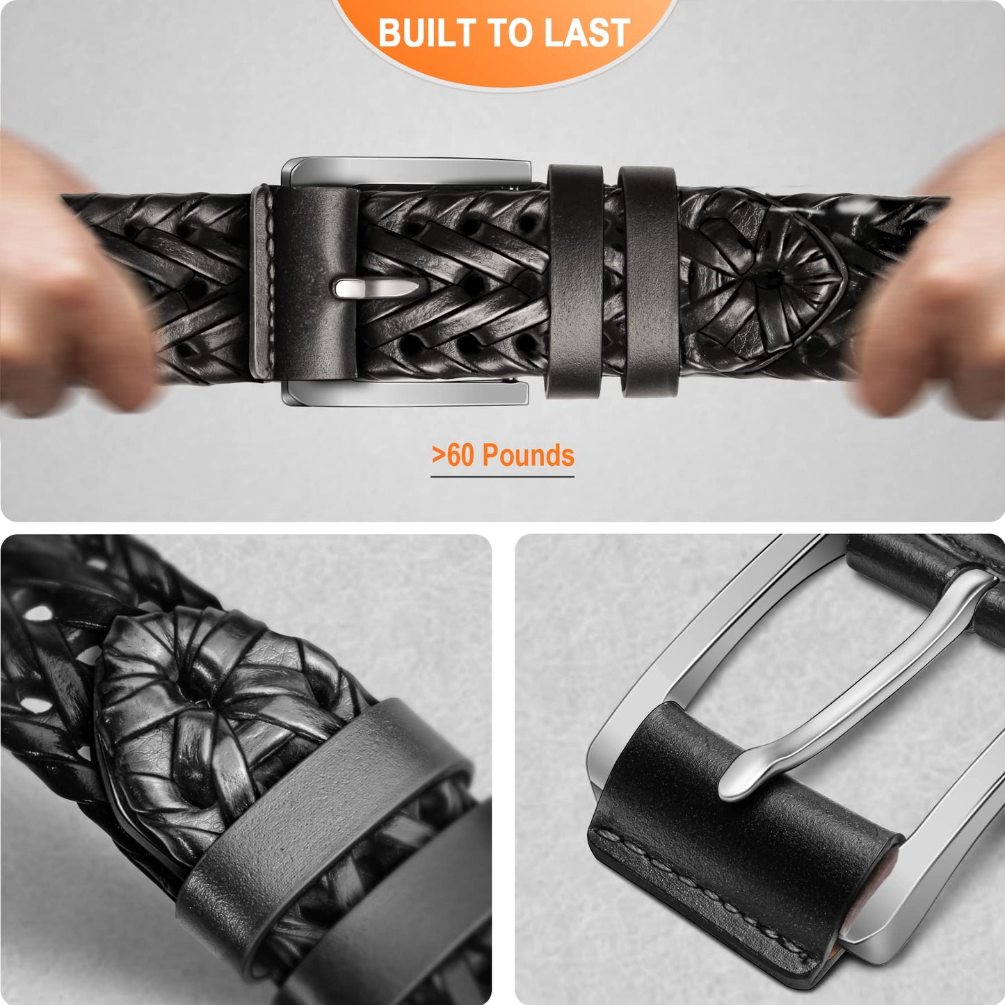 BULLIANT Mens Belts,Leather Woven Braided Belts for Gift Men Casual Jeans Golf(Black,28"-32" Waist Adjustable)