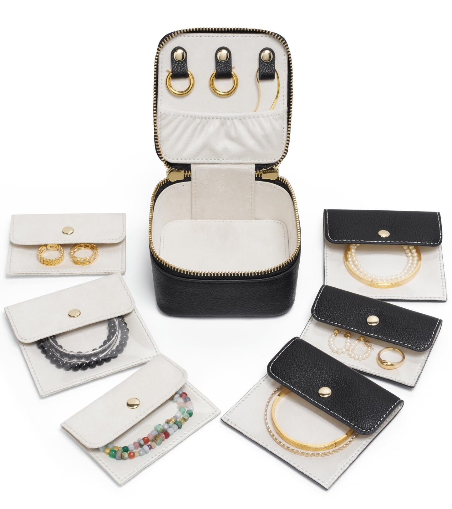 Popvibe Travel Jewelry Box Organizer Small Jewelry Case with 6 Jewelry Bags Mini Pouch, Portable Traveling Jewelry Case for Women, Black Leather Compact Jewelry Travel Necklace Case Holder
