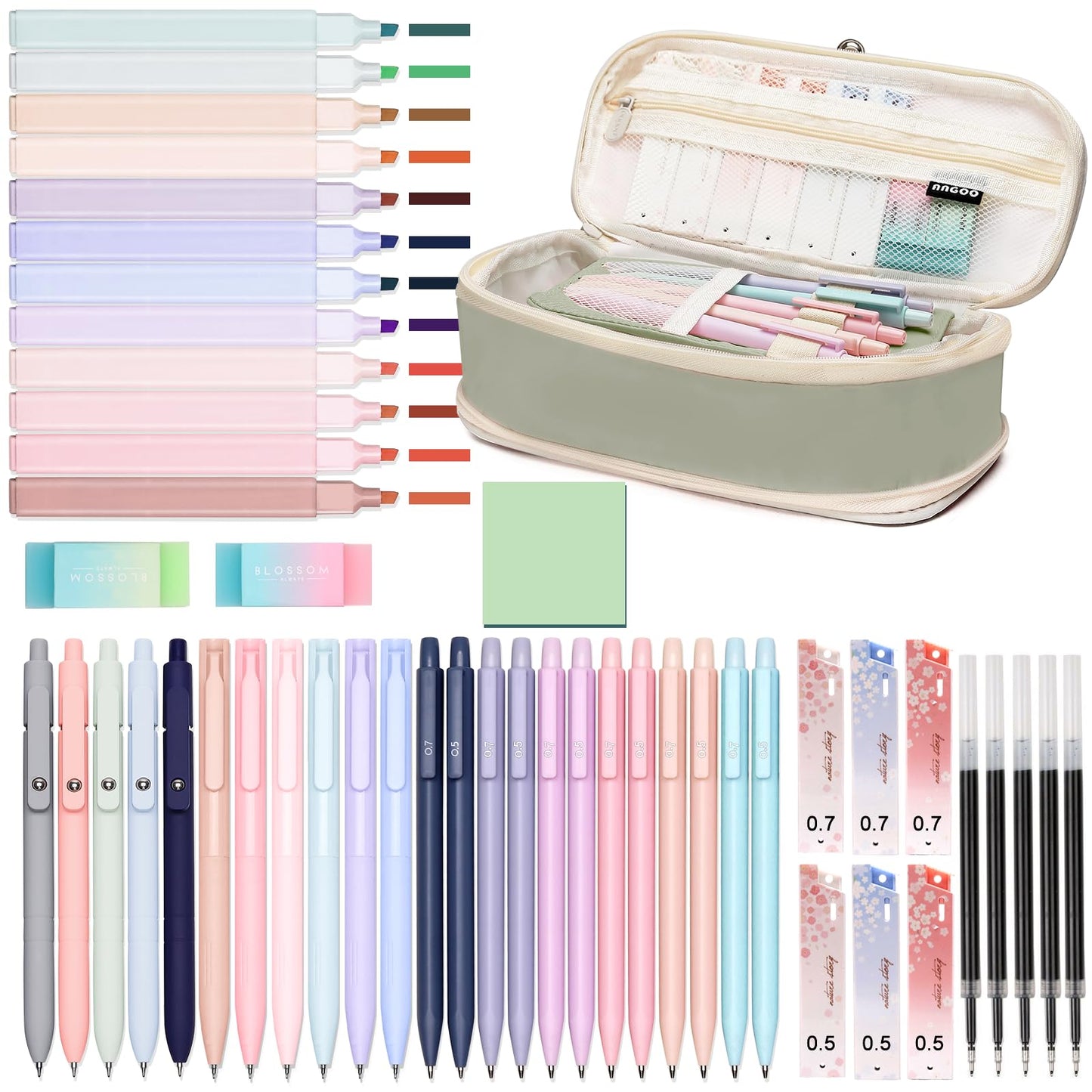 50 PCS Aesthetic School Supplies with Cute Pen Case,12 Pastel Highlighters,5 Black Ink Gel Pens, 12 Mechanical Pencils Set 0.5 & 0.7 mm 6 Color Gel Pens for Students Stationary College Essentials