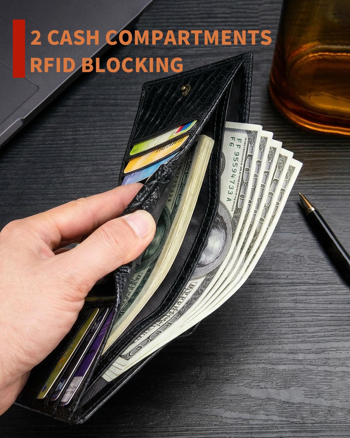 Steel Lion Mens Trifold Wallet Leather RFID Blocking, Crocodile Embossed Slim Wallet with 2 ID Window, 11 Card Slots, Detachable Anti-Theft Chain, Compact Wallet for Business Travel Daily Use (Black)