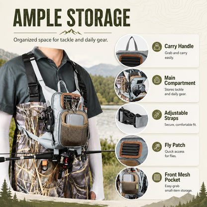 Qiullen Fly Fishing Chest Pack,Waterproof Tackle Bag with Zip-Down Workstation,Fly Box Storage,Net Holder,Adjustable Straps for Wading and Stream Fishing