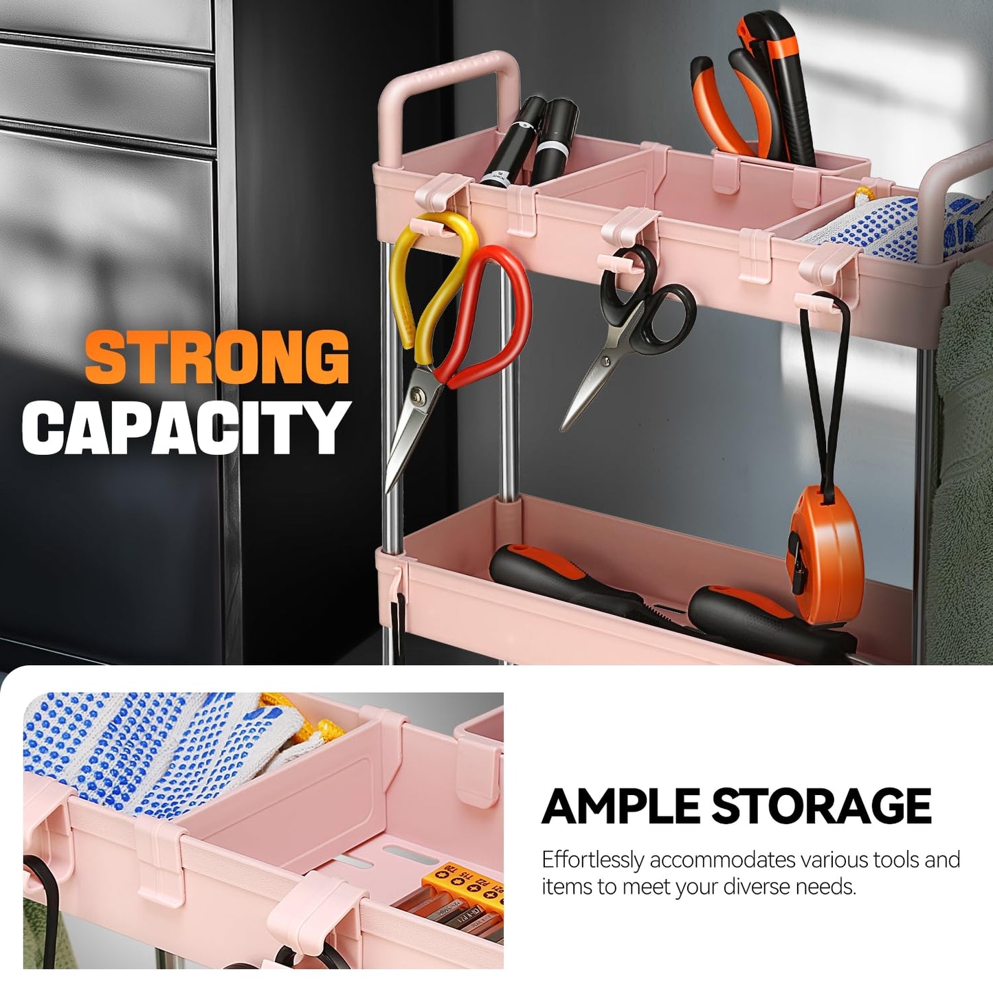 Auto Dynasty 3 Tier Slim Rolling Cart with Handle, Multifunction Utility Storage Rolling Cart, Movable Storage Organizer with Wheels for Office, Bathroom, Kitchen, Narrow Places (Pink)