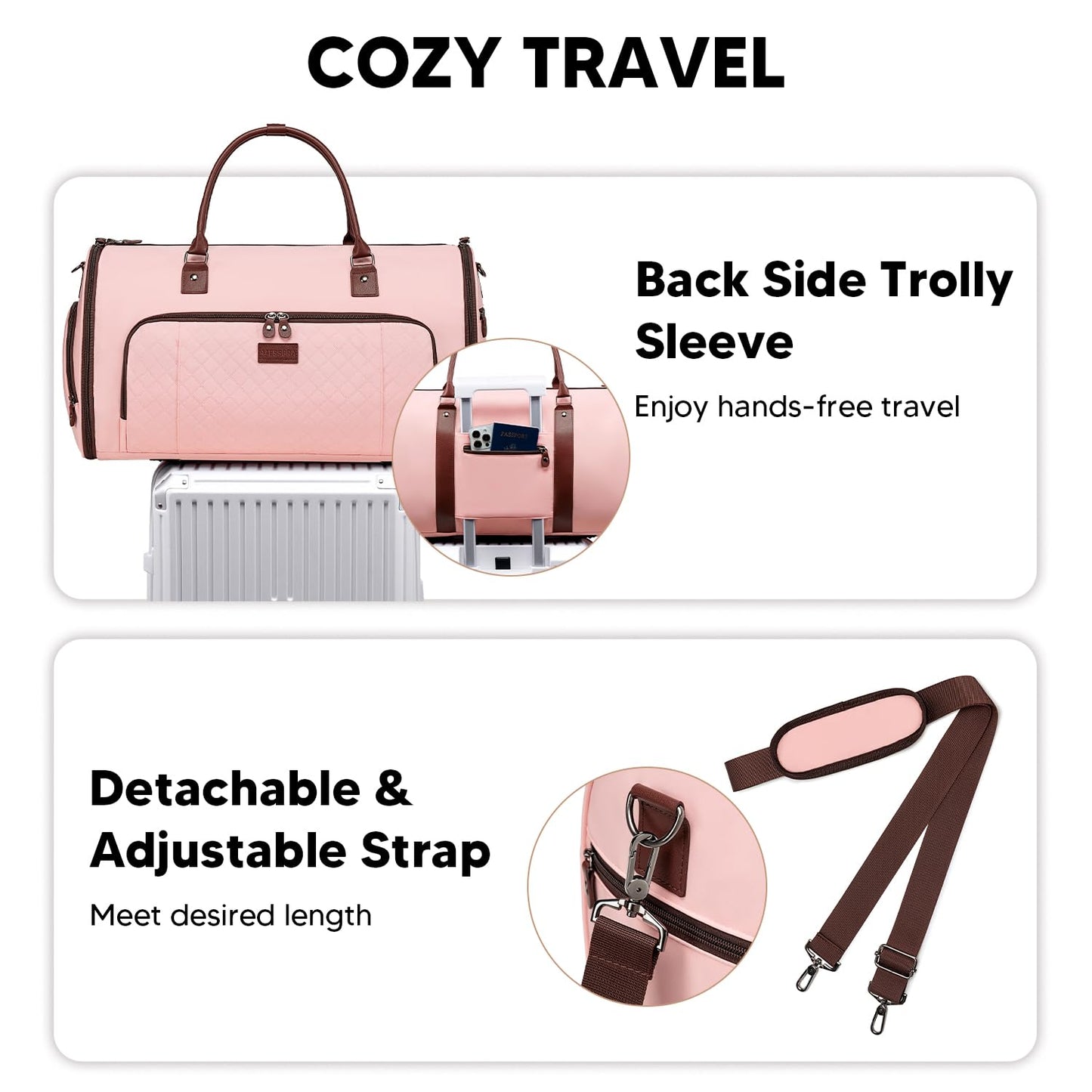 Vessgra Garment Bag for Airplane Travel,Weekender Travel Bag for Women, 2 in 1 Convertable Garment Duffle Bag with Shoes Compartment Carry on Bag Hanging Garment Bag Travel with Shoulder Strap,Pink