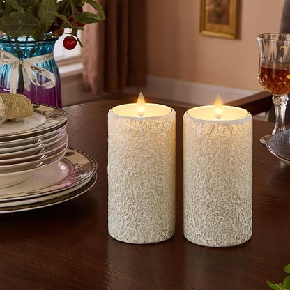 White Cracked Glass Flameless Pillar Candles - 3D Moving Flickering LED, Remote Timer & Battery Operated, Real Wax Interior for Home/Christmas Decor