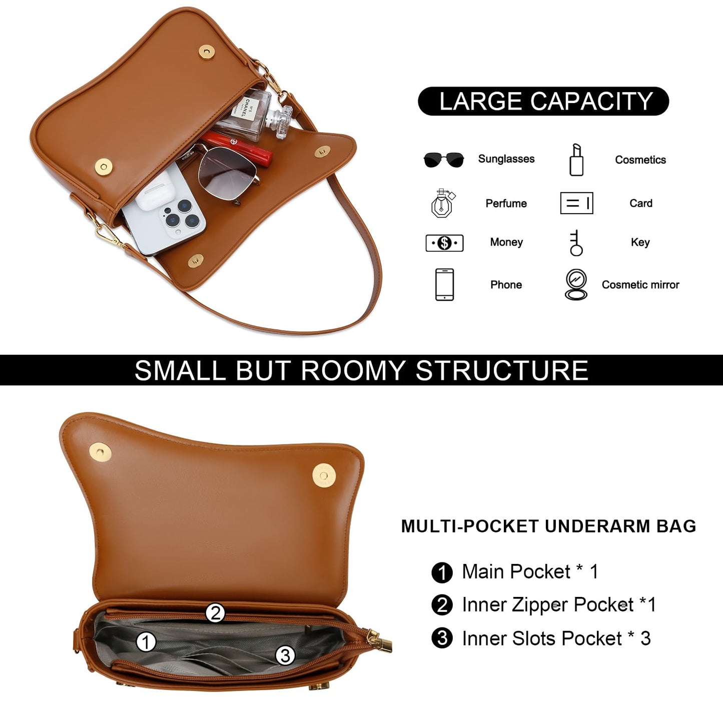 KKXIU Shoulder Bag for Women Small Clutch Purses Cute Hobo Handbag Trendy Underarm Bag-Brown