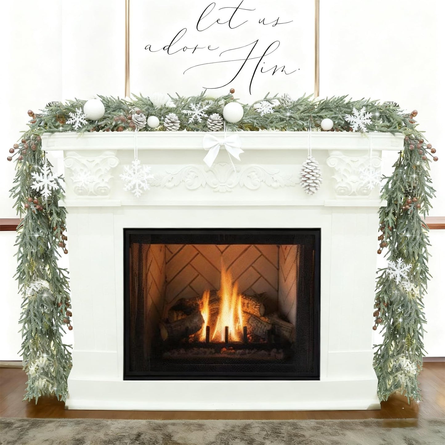 6FT Christmas Garland with Lights, Pre-Lit Artificial Pine Garland with Red Berries, Lighted Flocked Garland for Table Mantle Fireplace Door Stairs Windows Wall Indoor Outdoor Holiday Christmas Decor