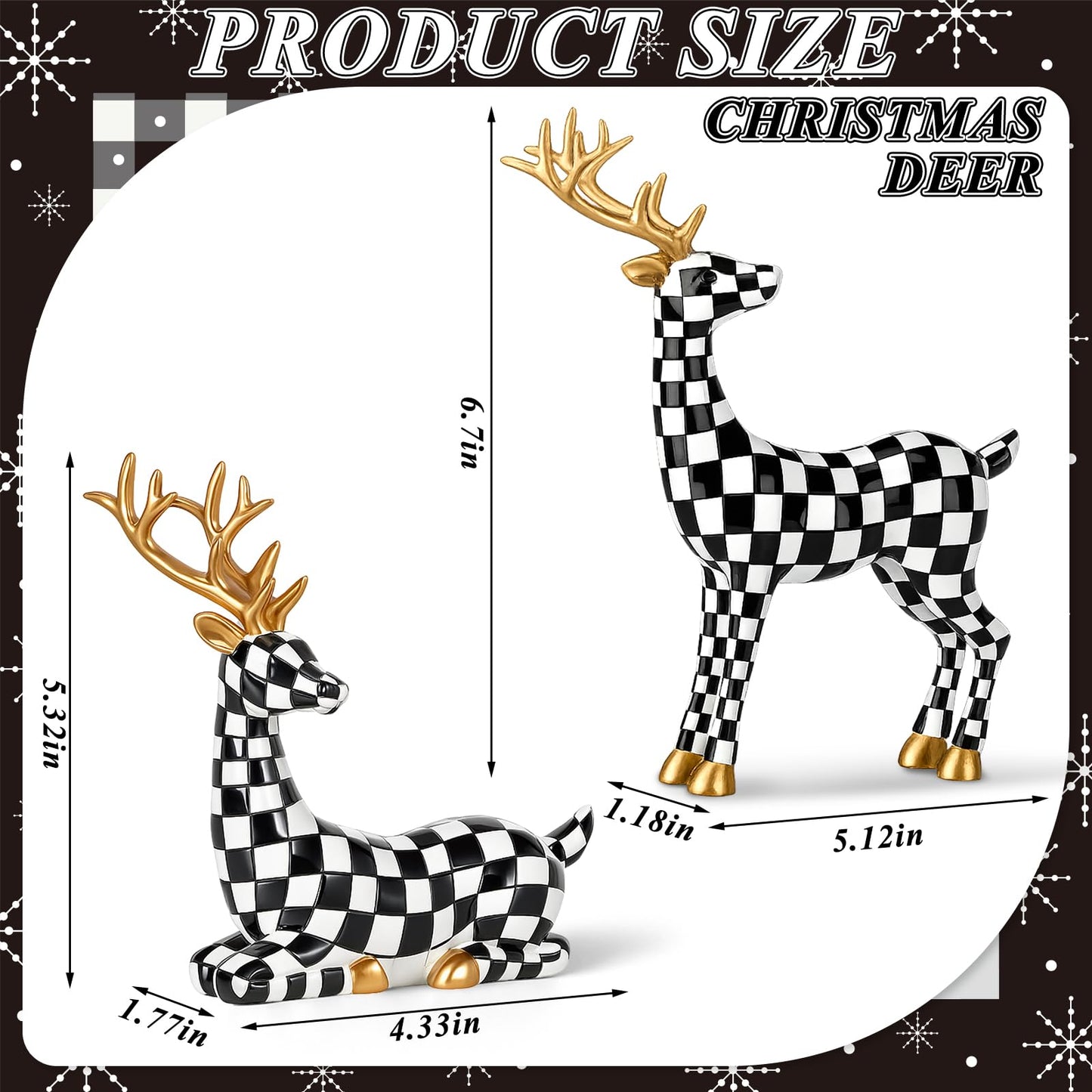 Yookeer 2 Pcs Christmas Reindeer Decoration Small Black and White Grid Deer Figurines Christmas Tabletop Reindeer Statue Centerpiece Ornaments for Mantel Fireplace Living Room Bedroom Decor
