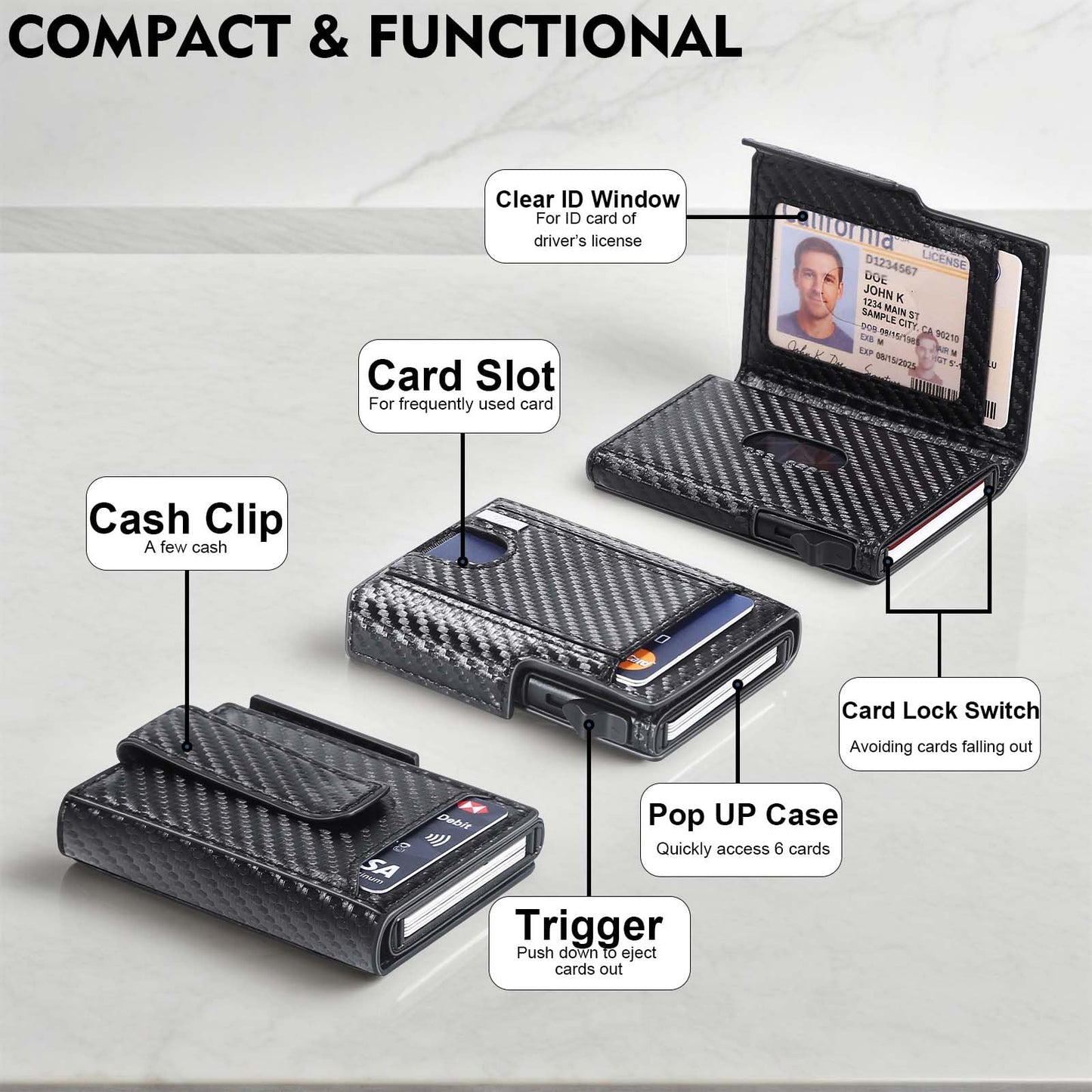 WXM Wallet for Men Pop Up Card Holder ID Window RFID Slim Wallet with Money Clip for 10-15 Cards Stretchable Credit Card Slot Magnetic Closure Compact Metal with Gift Box(Carbon Black)