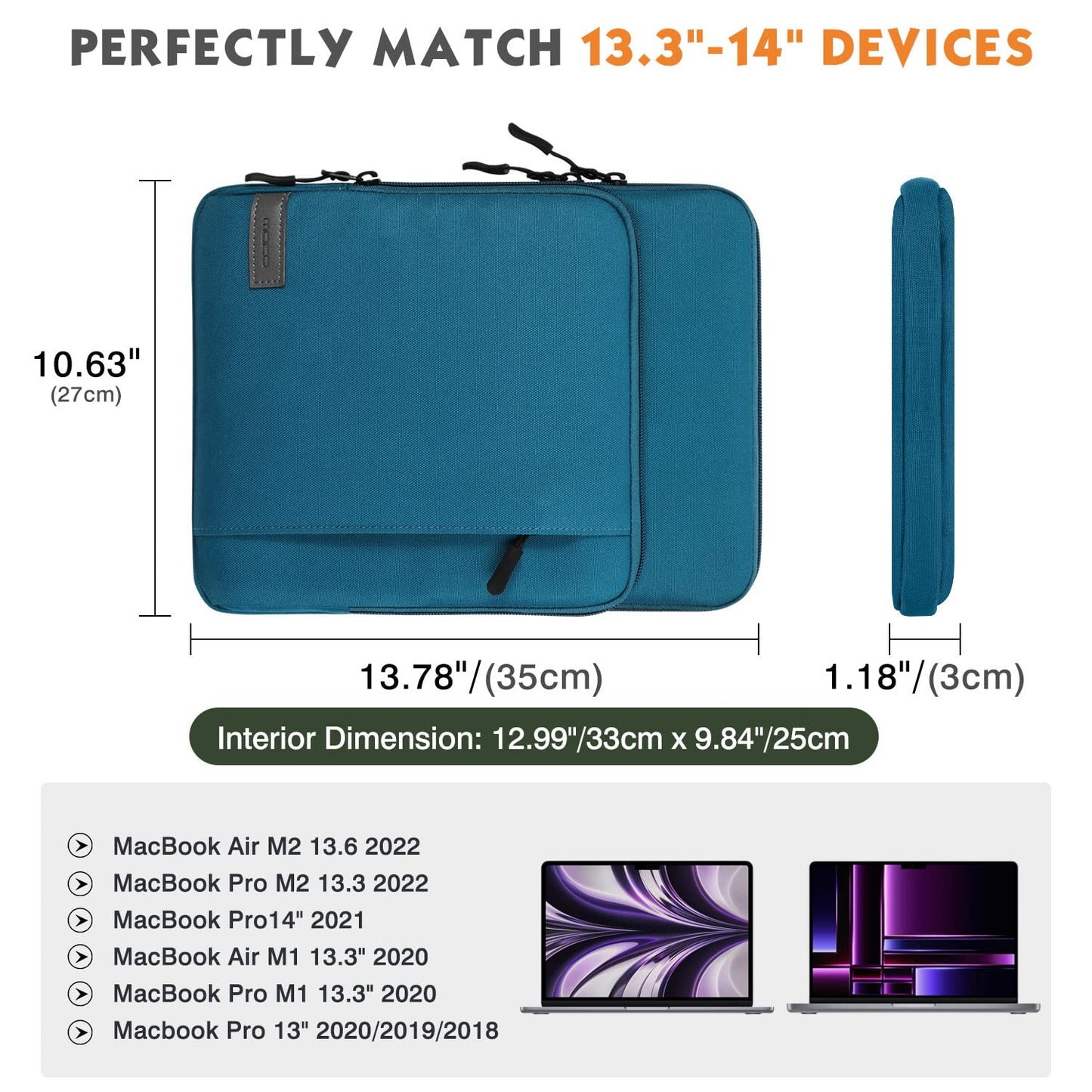 MoKo Laptop Sleeve Bag for 13.3-14 Inch, Notebook Carrying Case with Pocket Fits New MacBook Pro M3/M2 14" /13" M2/M1 Pro/M1 Max 14.2 2023-2021/Air 13.6" M2 2022, Surface Pro 9/8 13", Peacock Blue