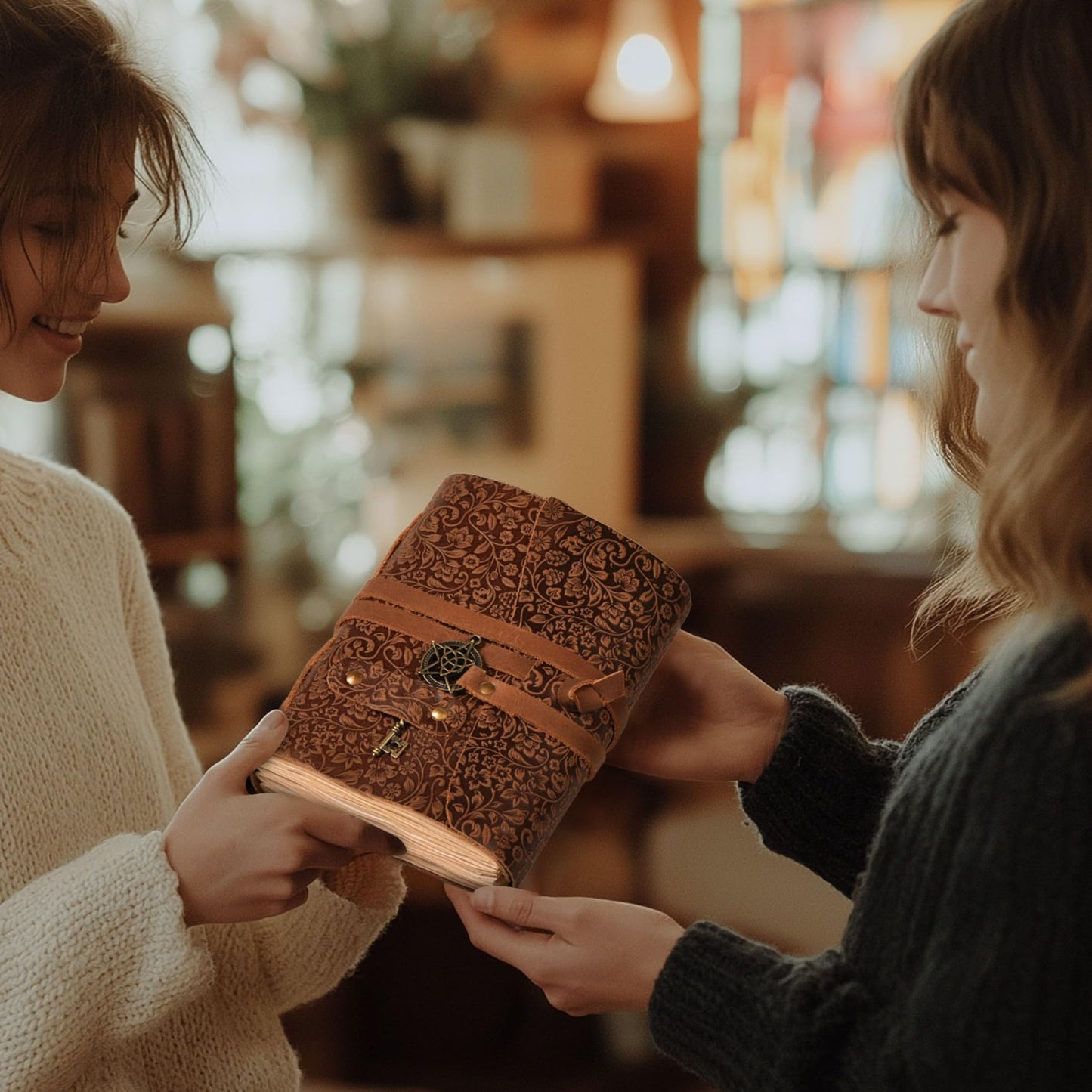 LEATHER VILLAGE Handmade Leather Bound Floral Embossed Journal for Women | 260 Pages Blank of Vintage Paper Writing, Sketchbook, Notebook - Rustic Brown - 10X7 Inches
