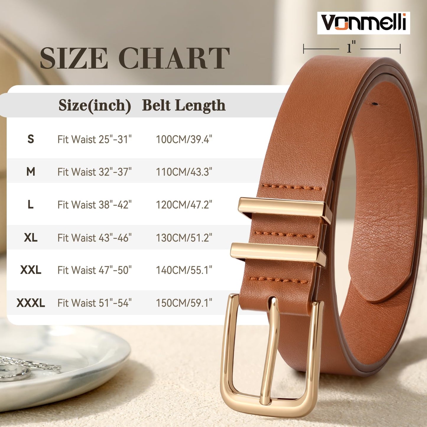 VONMELLI 3 Pack Women's Belts for Jeans Pants Fashion Gold Buckle Ladies Dress Belt, Black+Brown+Coffee S