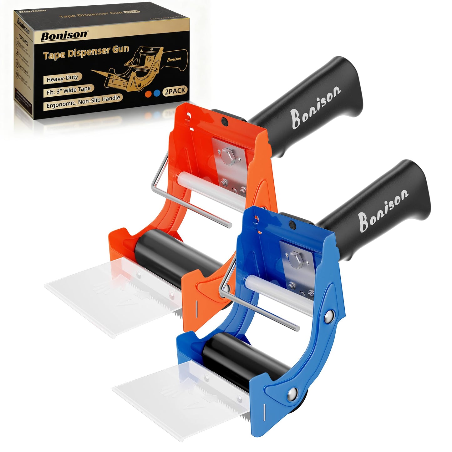 Professional 3-Inch Tape Gun Dispenser, 2-Pack Heavy-Duty Packing Tape Dispenser for Shipping Boxes, Quick Reload, Works with Standard & Thick Tape, Ergonomic Handle for Warehouse, Moving & Office