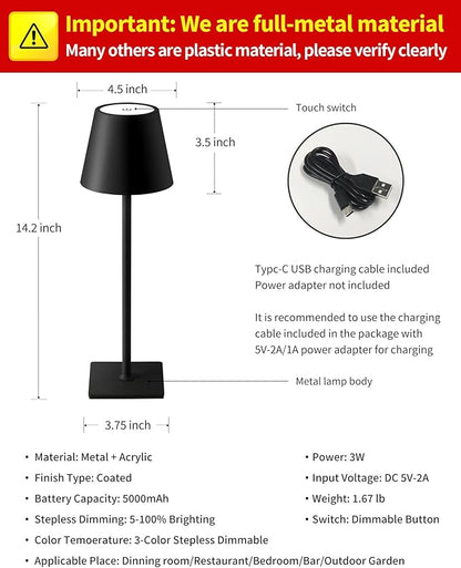 KDG 2 Pack Cordless Table Lamp, Portable LED Desk Lamps, 5000mAh Battery Operated, 3 Color Stepless Dimming Up, for Restaurant, Bedroom, Outdoor Camping, Coffee Shop, Night Light, Rechargeable (Black)