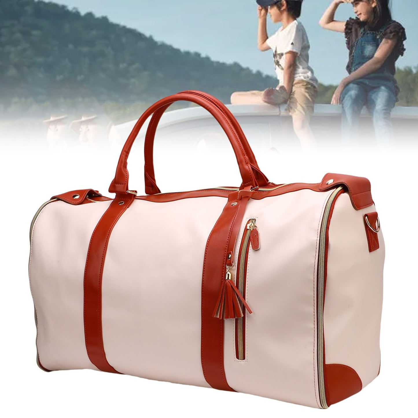 Fabater Travel Bag with Detachable Trolley, 40L Large Capacity water proof Rolling Garment Duffel Bag, with Leather Handle and Shock Absorbing Wheels, for Business Trip and Weekender (Beige)