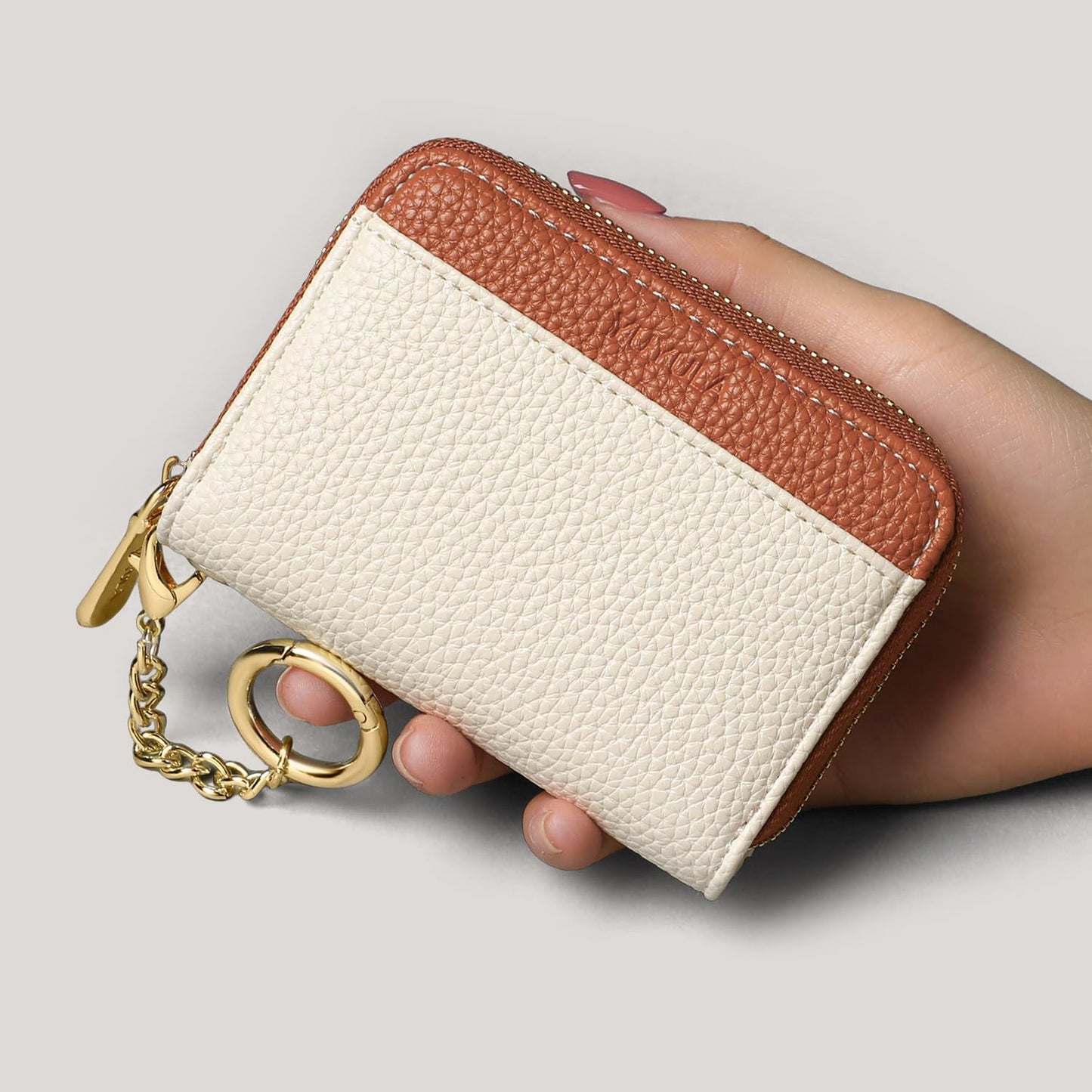 YUYULA Lether Women Credit Card Wallet, Zipper Business Card Holder for Women, RFID Blocking, KeyChain Wallet (Beige With Brown)
