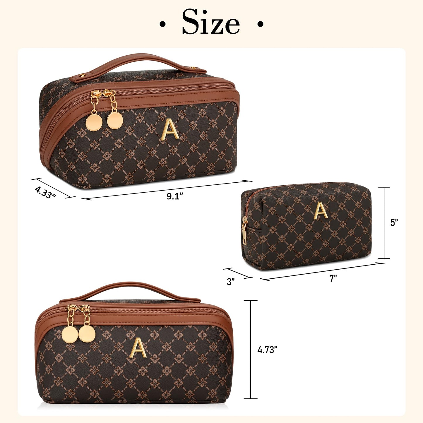 CLOUDWINGS Birthday Gifts for Women Teen Girl, Personalized Initial Makeup Organizer Bag Set, Open Flat Travel Cosmetic Bag With Clear Divider and Handle(Coffee,A)