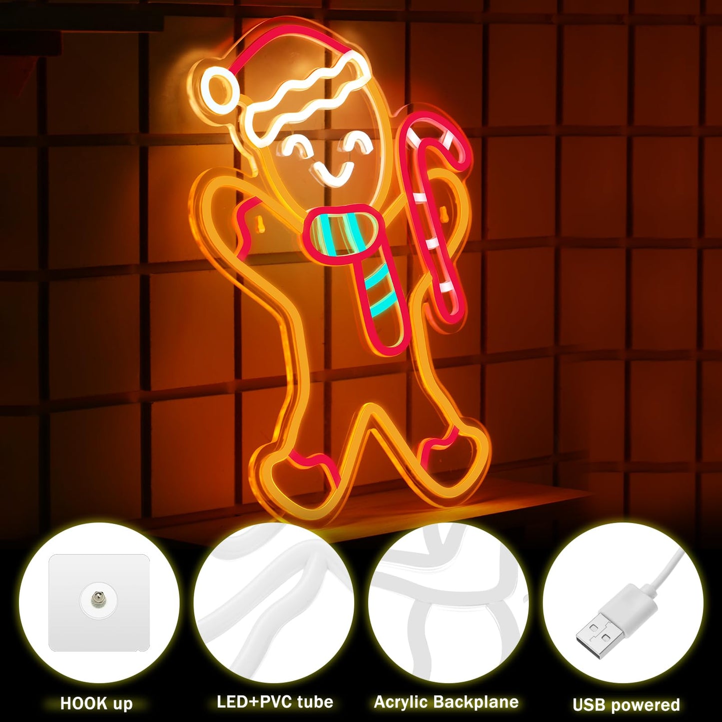 Xuhal Gingerbread Man Neon Sign, Christmas Neon Sign,xmas Decorations Light up LED Light USB Wall Bar Living Room Decor for Winter Home Bedroom Office Table