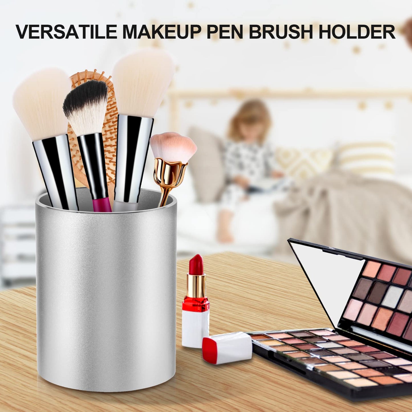 Dopaka Pen Holder Pencil Holder for Desk, Metal desk pen holder, Makeup Brush Holder, pencil cup, pen organizer for desk, for Office, School, Home, and Kids 3.9×3.14inch（Silver）
