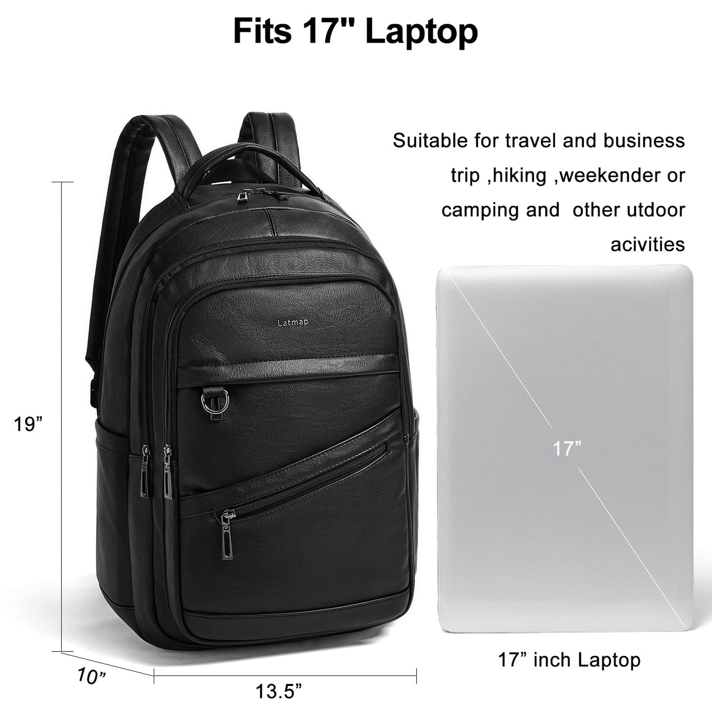 LATMAP 43L Backpack for Women Men - Vegan Leather Backpack Purse Travel Carry-on Bag College Bookbag Work fits 17" Laptop, Black
