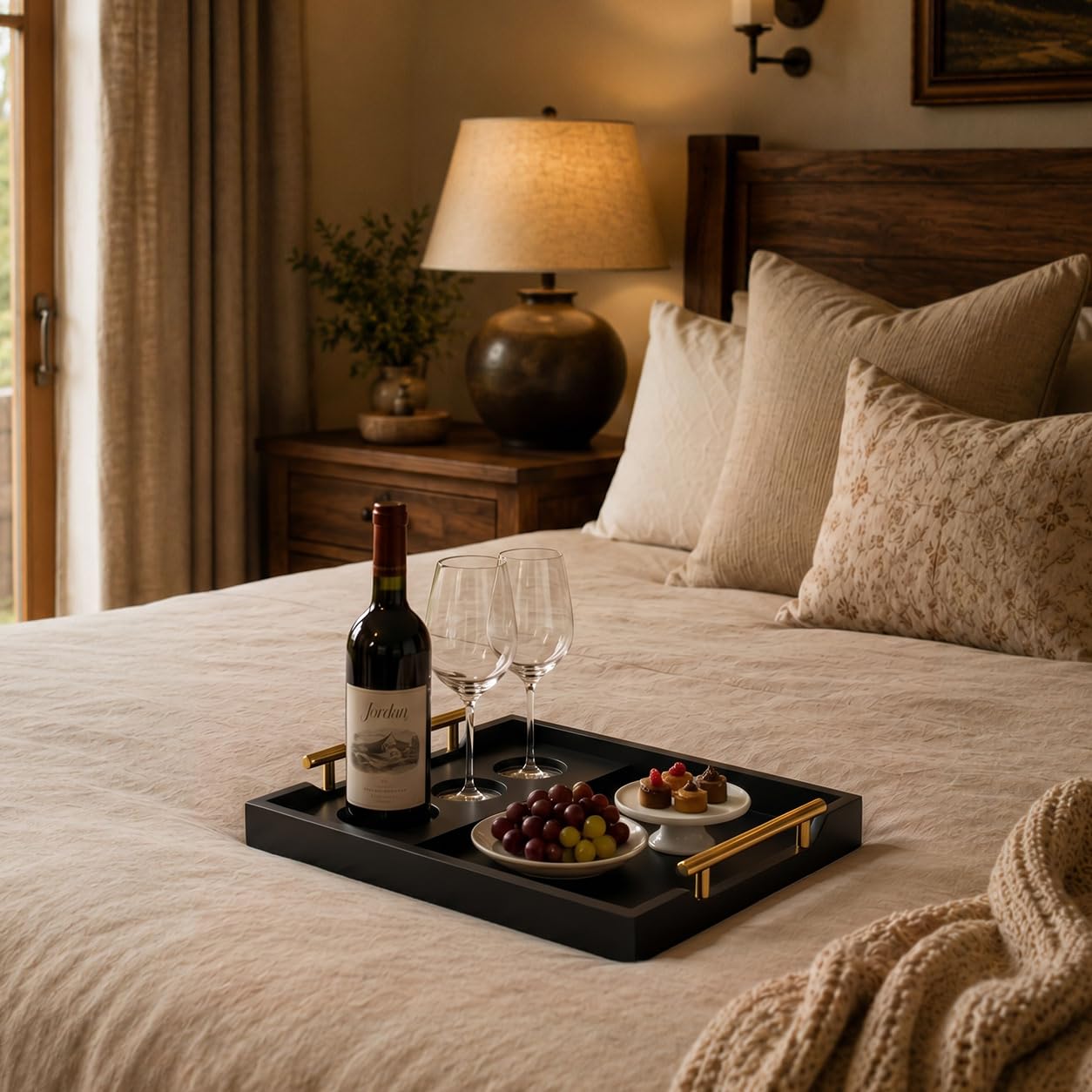 Black Wood Serving Tray with Removable Wine Glass Holder, Couch Snack Tray for Movie Night, Sofa, Ottoman, Coffee Table, Wedding and Housewarming Gift