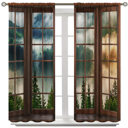 Green Misty Landscape Curtains, Nature Foggy Tree Mountain Scenery Retro Woodland 3D Landscape Blackout Window Treatments for Bedroom Living Room Kitchen 42x54 Inch