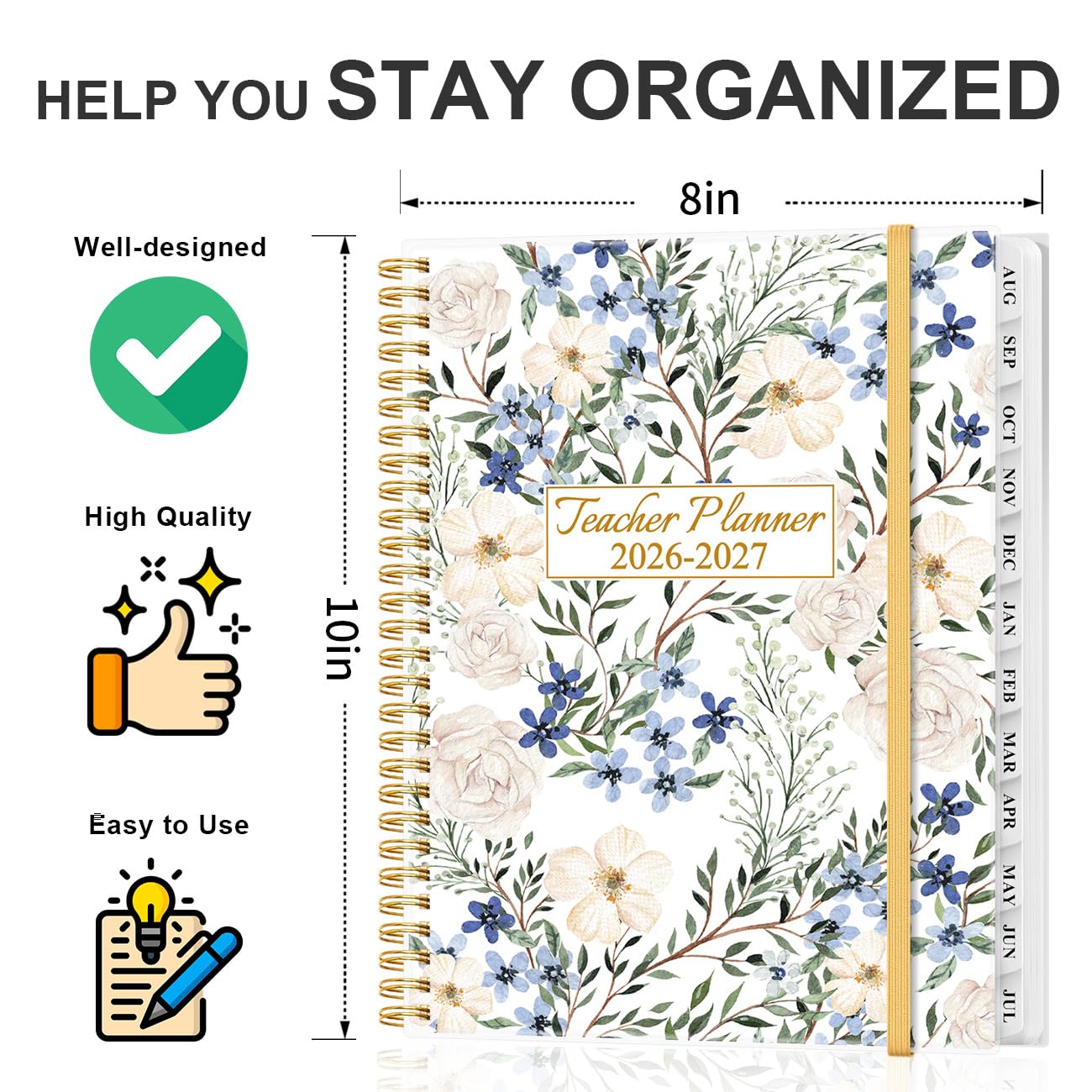2026-2027 Teacher Planner, Lesson Planner from August 2026 - July 2027, Teacher Lesson Planner Book 2026-2027 for Teacher Class Schedule, Student Info & Weekly Planning, 8" x 10", Crushed Flower