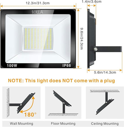 2 Pack 100W LED Flood Light Outdoor, 8000LM Super Bright Security Lights, 550W Equivalent, IP66 Waterproof, 3000K Warm White, Outside Floodlight for Garage, Garden, Lawn and Yard