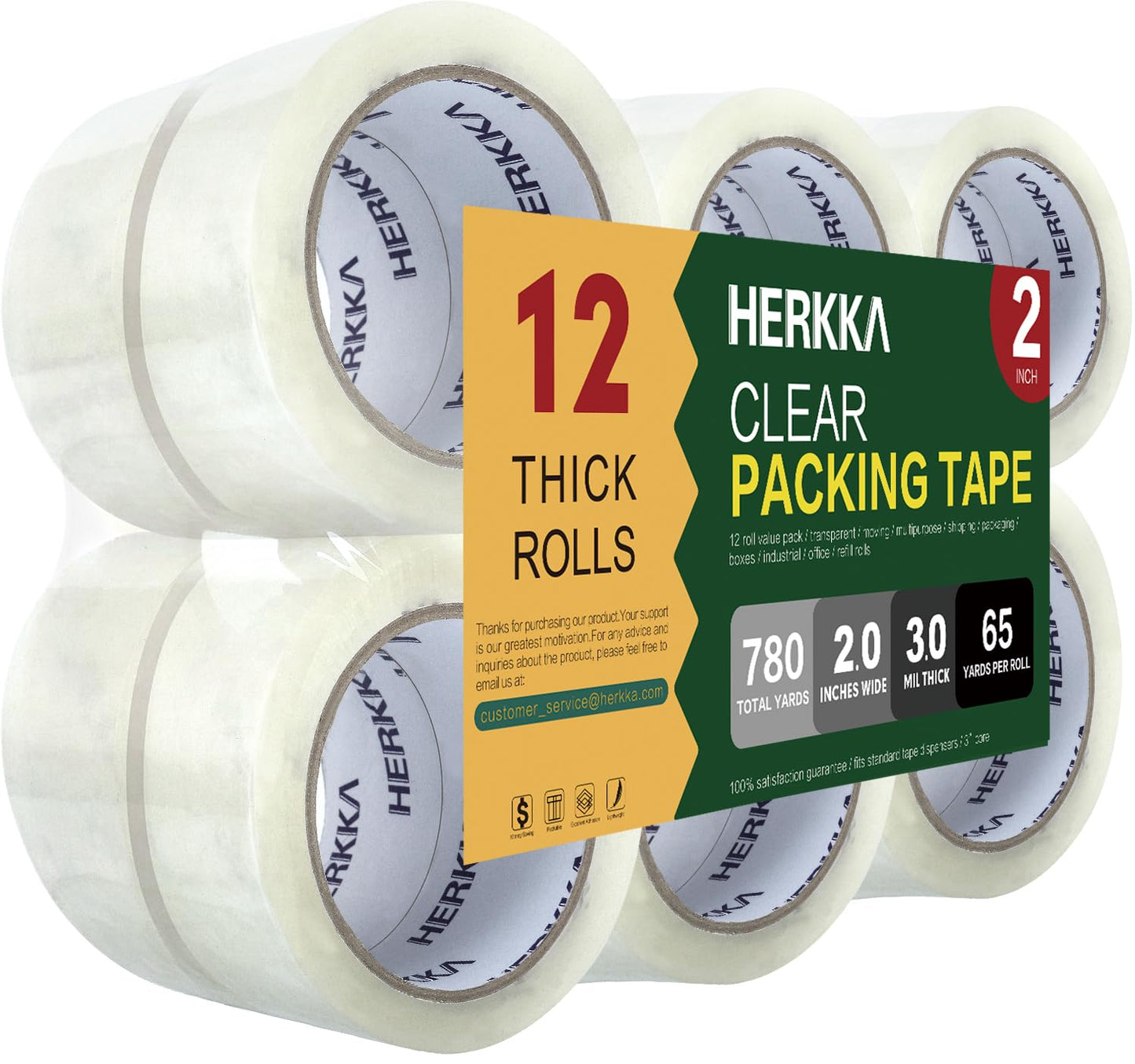 HERKKA Clear Packing Tape, 12 Rolls Heavy Duty Packaging Tape for Shipping Packaging Moving Sealing, 3Mil Thick Clear Packing Tape, 2 inches Wide, 65 Yards Per Roll, 780 Total Yards