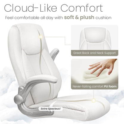 NEO CHAIR Ergonomic Office Desk Gaming Computer Chair Executive High Back Support Flip-up Arms Adjustable Height Swivel Rolling Wheels Comfy PU Leather for Home (White)