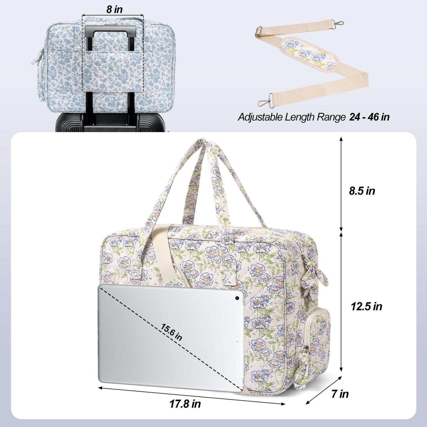 Quilted Duffle Bag for Women, Quilted Weekender Bag, Quilted Travel Bag, Large Floral Duffle Bags with Adjustable Straps
