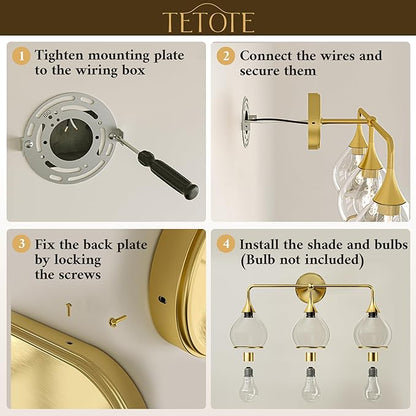 TETOTE 4-Light Modern Bathroom Light Fixtures, 4 Light Vanity Lights Over Mirror Gold Wall Lamp with Clear Glass for Bathroom, Mirror, Living Room, Bedroom, Hallway