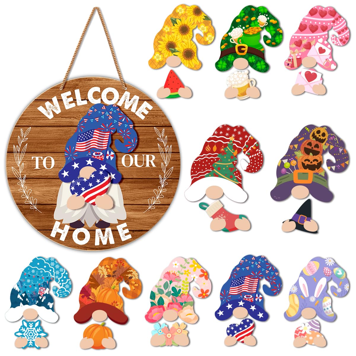 Interchangeable Gnome Welcome Sign Summer Patriotic 4th of July Door Wreath for Home, Gnomes Front Porch Decor Seasonal Wall Hanging Wood Wreath for Spring Fall Winter All Seasons Holiday, Caramel