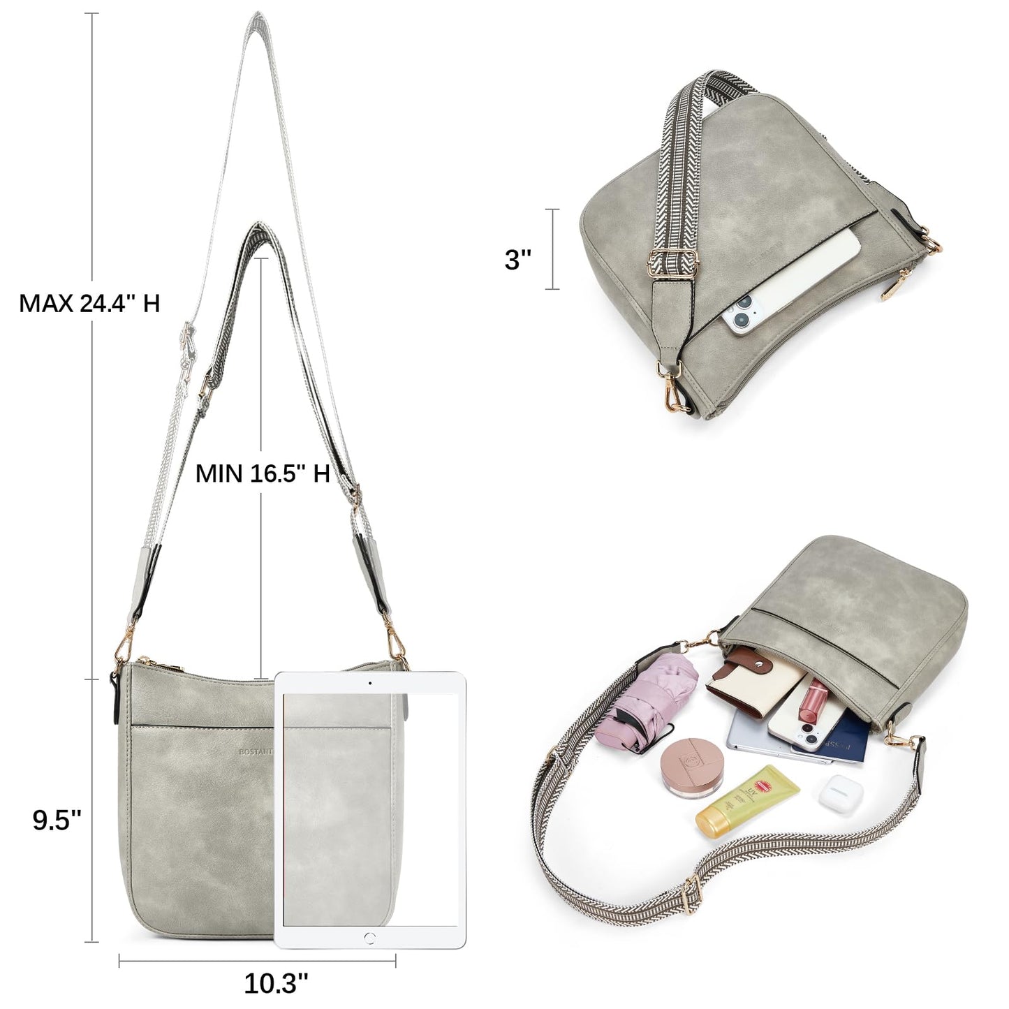 BOSTANTEN Crossbody Bags for Women Trendy Vegan Leather Hobo Purses Shoulder Handbags With Wide Shoulder Strap Sky Grey