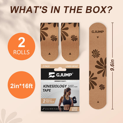 GJUMP Floral Sports Kinesiology Tape – 40 Precut Strips, Athletic Tape for Running, Dance, Yoga & Daily Support, Waterproof Cotton Tape for Muscle Relief & Joint Support (Beige Floral)