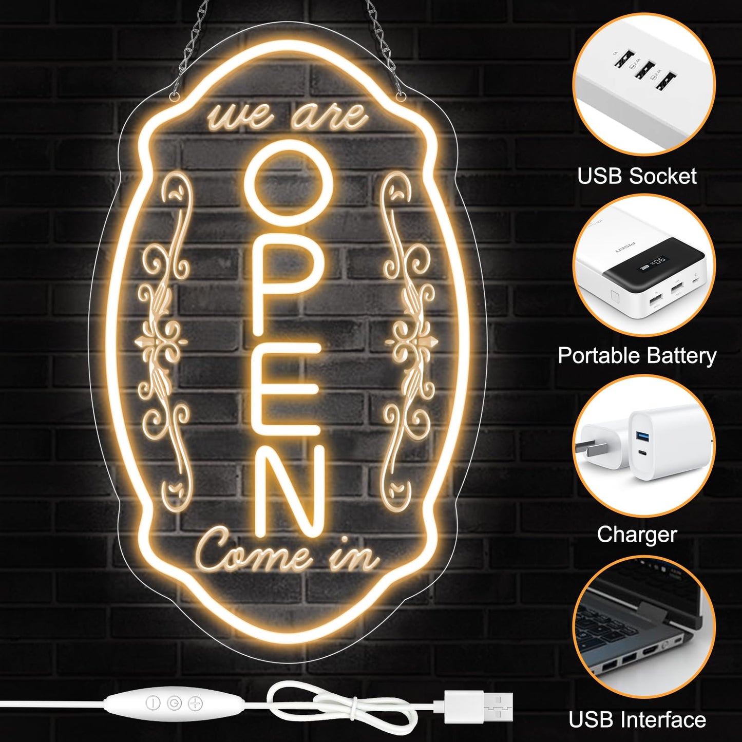 LED Neon Open Sign for Business, 16.5x10'' Come in We’re Open Sign, Warm White Adjustable Brightness Neon Lights for Party, Bar, Salon, Stores, Hotel, Wall Decor, Clubs, Hotels, Vertical