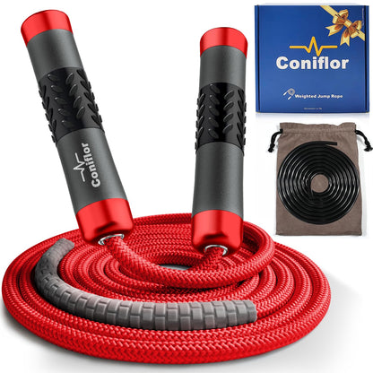 Weighted Jump Rope, 1LB Tangle-Free Ball Bearing Rapid Speed Skipping Rope for Men Women, Adjustable 9mm Cotton & PVC Rope with Alum Handle for Boxing MMA Weight-Loss Athletic Workout Fitness