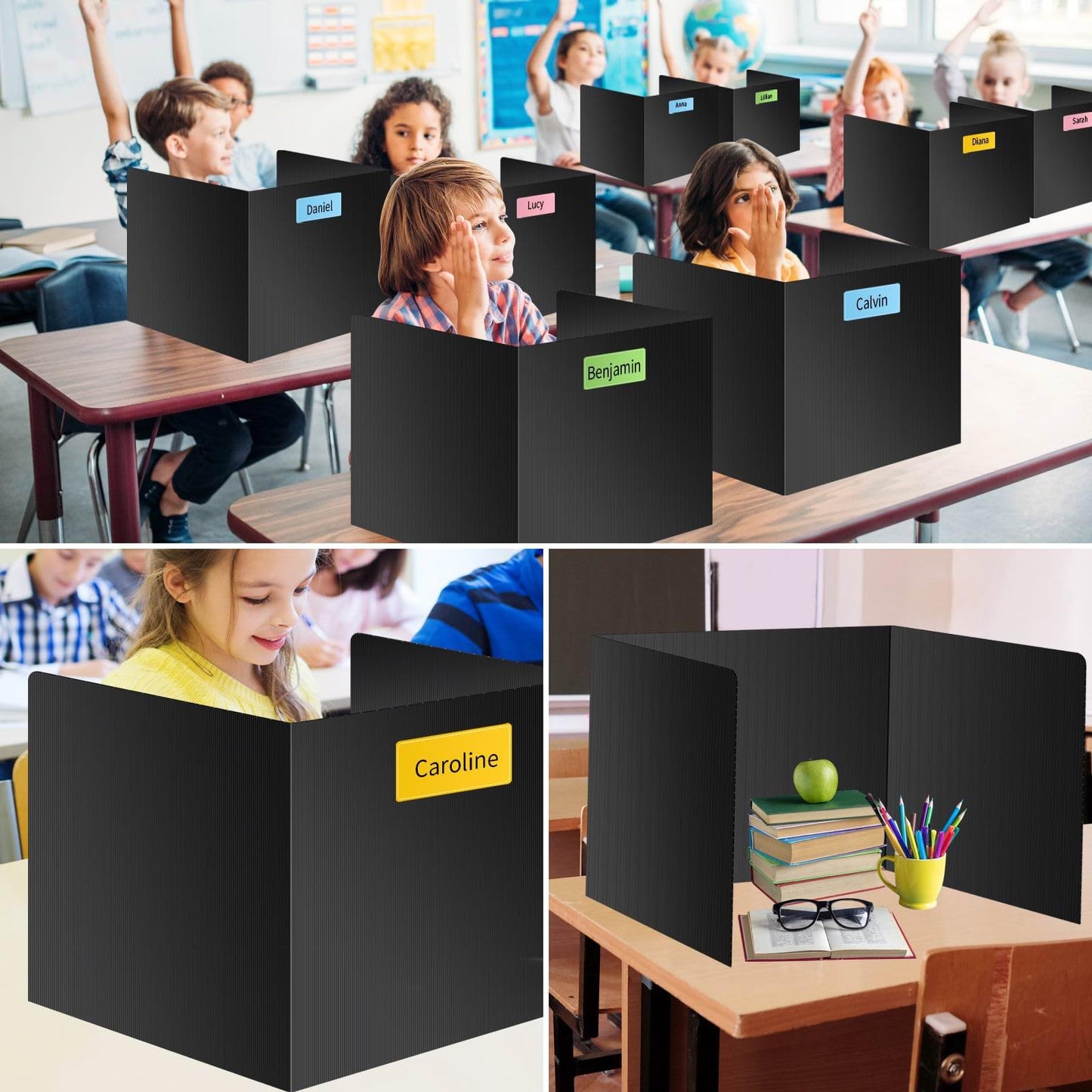 Black 24-Pack Desk Dividers for Students, Waterproof Durable Plastic Study Carrel Dividers, Easy to Clean, Privacy Classroom Shield Folder Boards for Student Desk