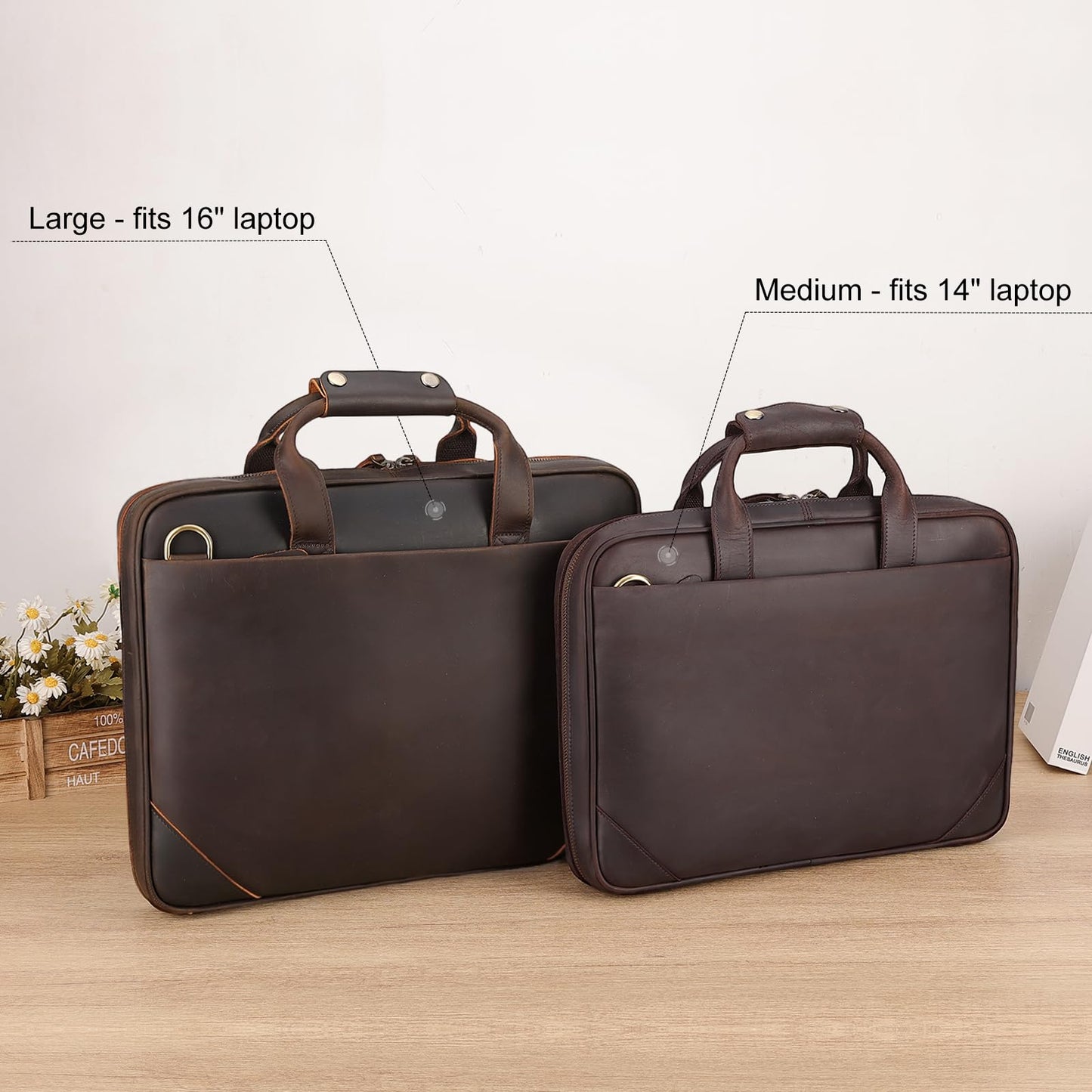 Masa Kawa Leather Slim Briefcase for Men Fits 14" Laptop, Crossbody Shoulder Messenger Computer Bag Vintage Business Work Lawyer Attache Case