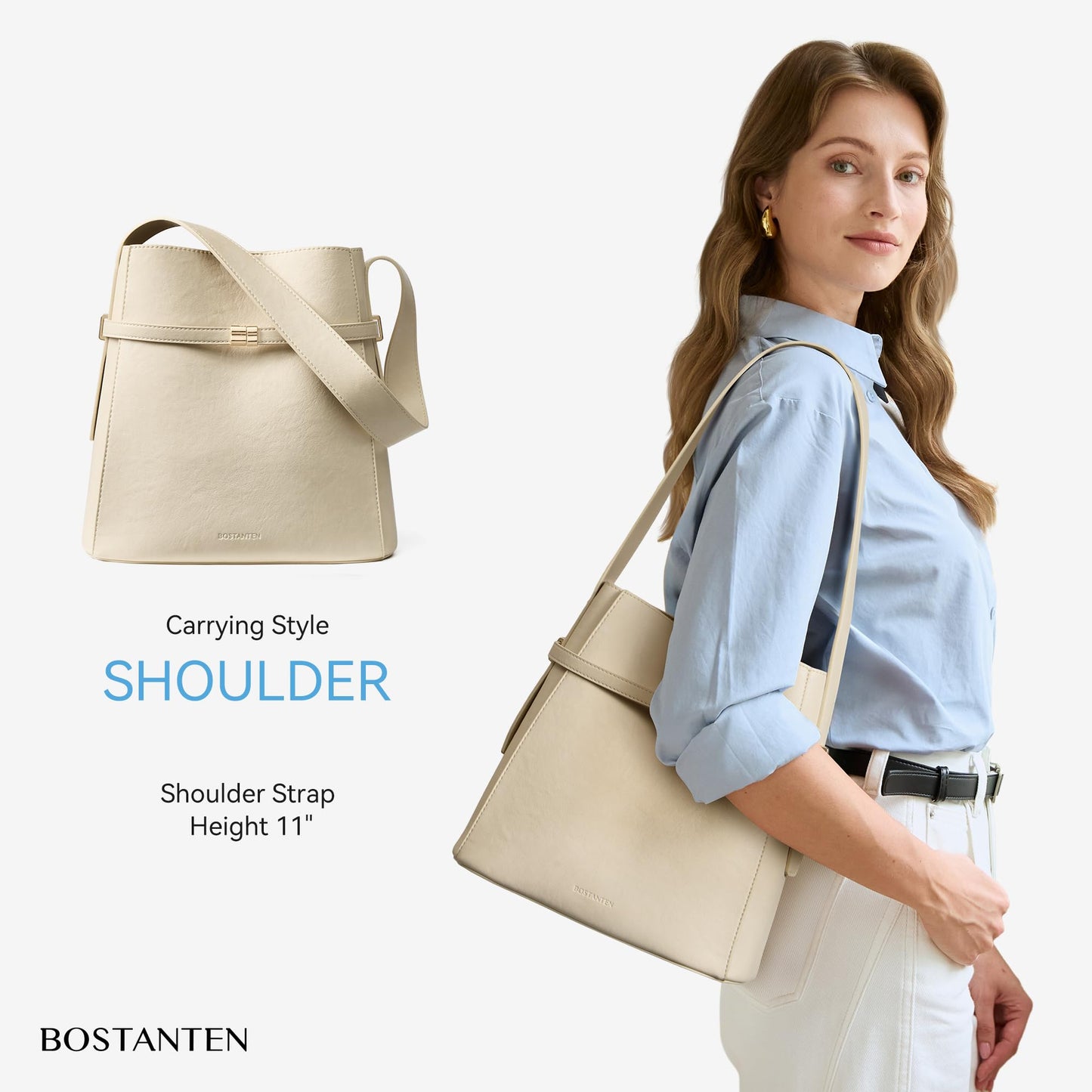 BOSTANTEN Bucket Bag Soft Vegan Leather Purses for Women Trendy Shoulder Handbags Separate Pouch Beige Apricot