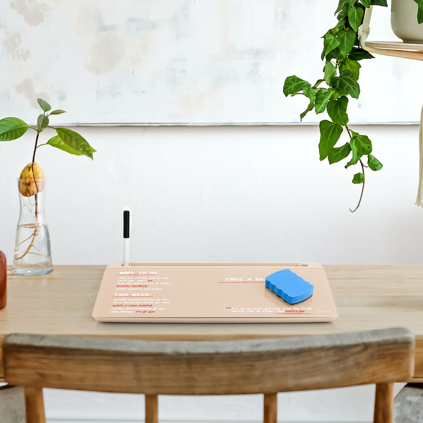 Birch Small Desktop Whiteboard – Glass Dry Erase Board Desk Pad Keyboard Stand with Storage Compartment Adjustable Dividers 3 Markers, Eraser & Holder – Perfect for Office, Home, & School (Sand)