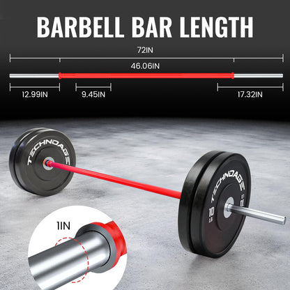 TECHNOAGE 6FT Olympic Barbell for Strength and Weightlifting Training, 1 Inch Olympic Bar Barbell for Squat, Curl, Deadlift, Bench Press, Overhead Press, Hip Thrust, 350LBS Capacity(Red&Silver)