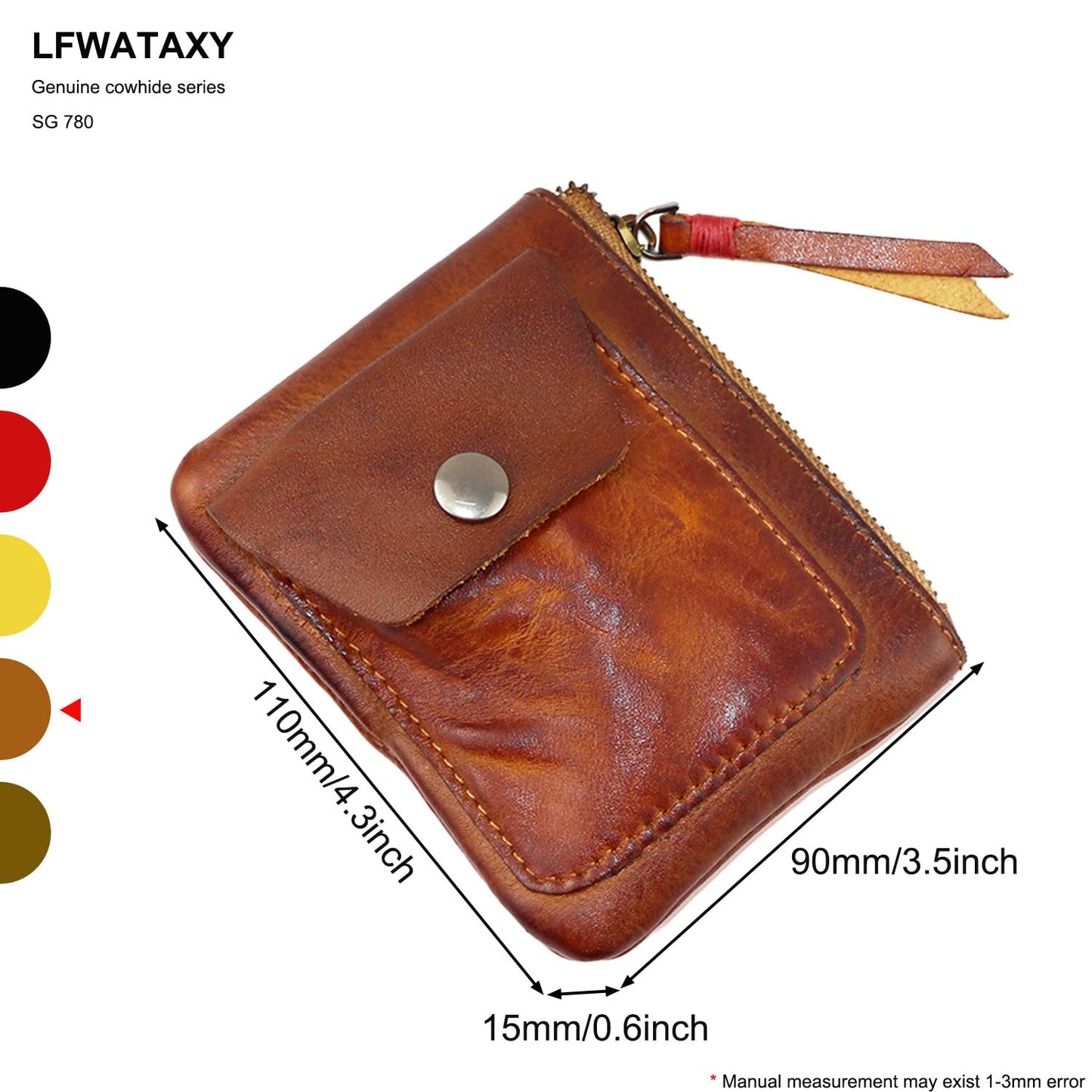 LFWATAXY Genuine Cowhide Coin Purse for Men, Women Leather Coin Pouch Zipper Coin Purse Wallet Leather Zipper Storage Bag Coin Organizer (Brown)