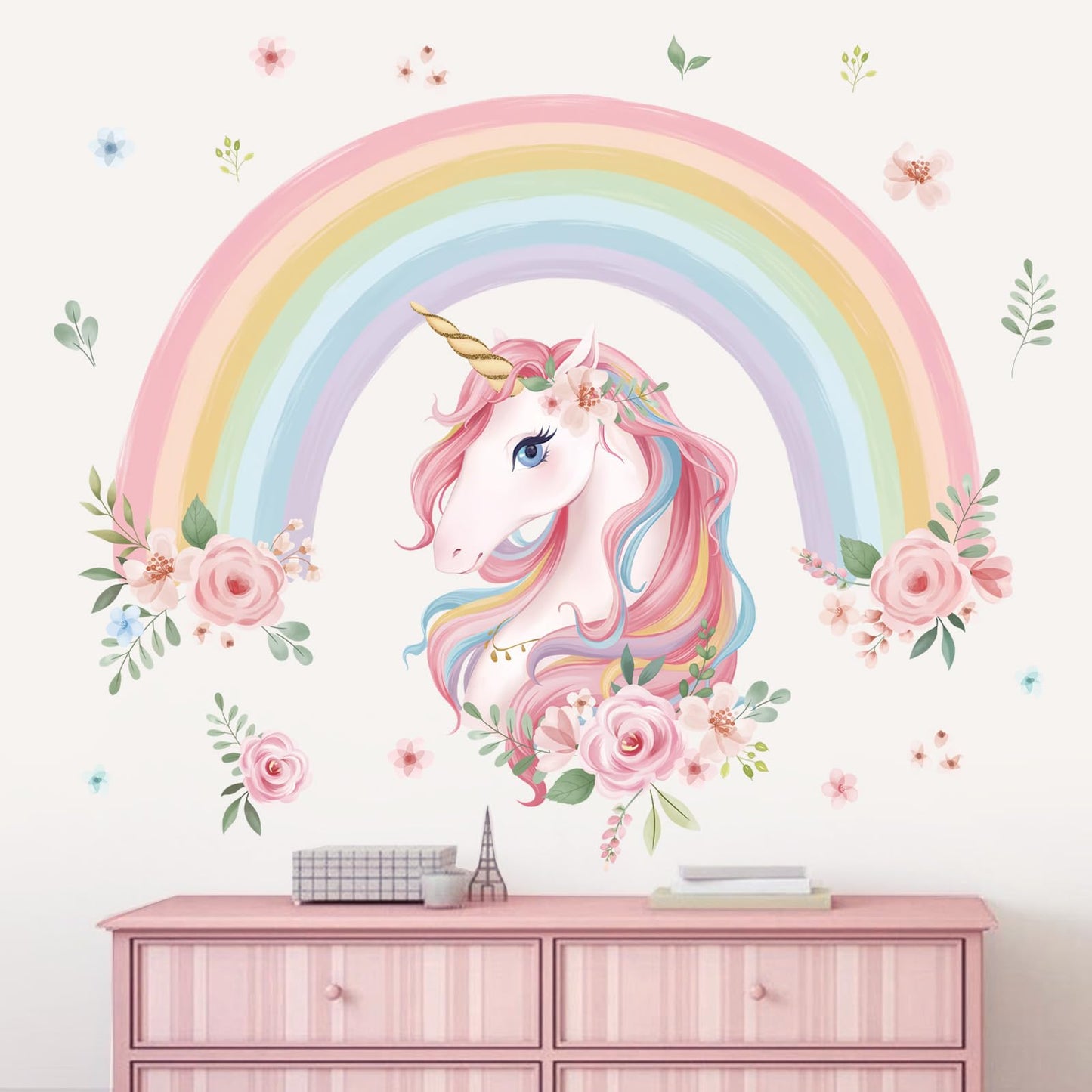 wondever Large Rainbow Wall Decals Unicorn Flower Peel and Stick Wall Art Stickers for Girls Bedroom Kids Room Baby Nursery