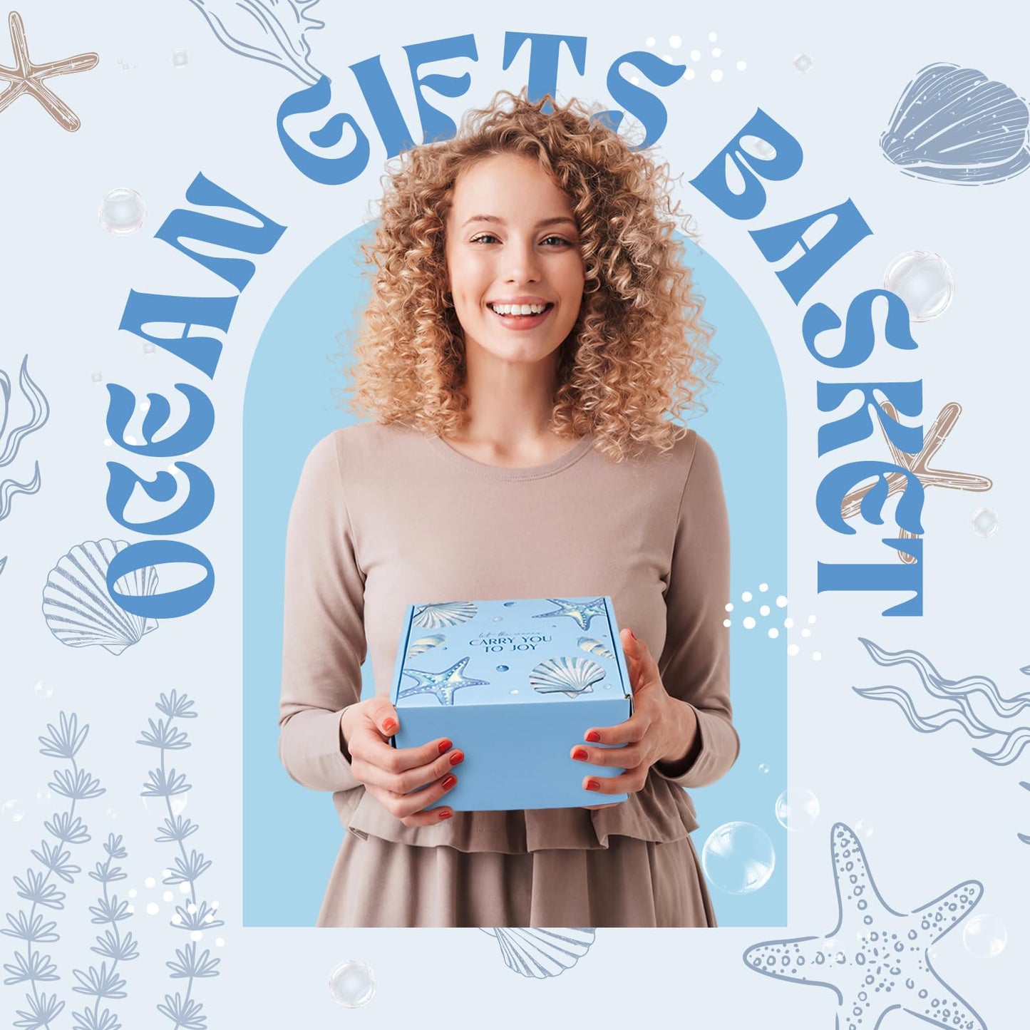 Gifts for Women, 8pcs Ocean Happy Birthday Gifts for Women, Christmas Ideas Inspirational Get Well Soon Gift Baskets Mothers Day Box w/Seashell Tote Bag for Her Mom Sister Friend Friendship