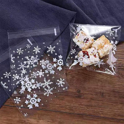 TAPEGO Snowflake Cookie Bags Christmas Cellophane Bags Candy Bakery Gift Bags Self Adhesive Resealable OPP Bags Christmas Party Supplies 100PCS