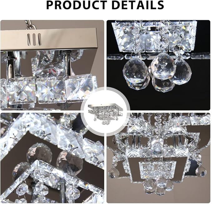 CXGLEAMING 11.8" Modern Crystal Chandelier LED Ceiling Light Fixture Suitable for Kitchen Corridor Hallway Bedroom Bathroom Dining Room 4 Petals/Raindrop Ball Square Wall Switch （Warm Light）
