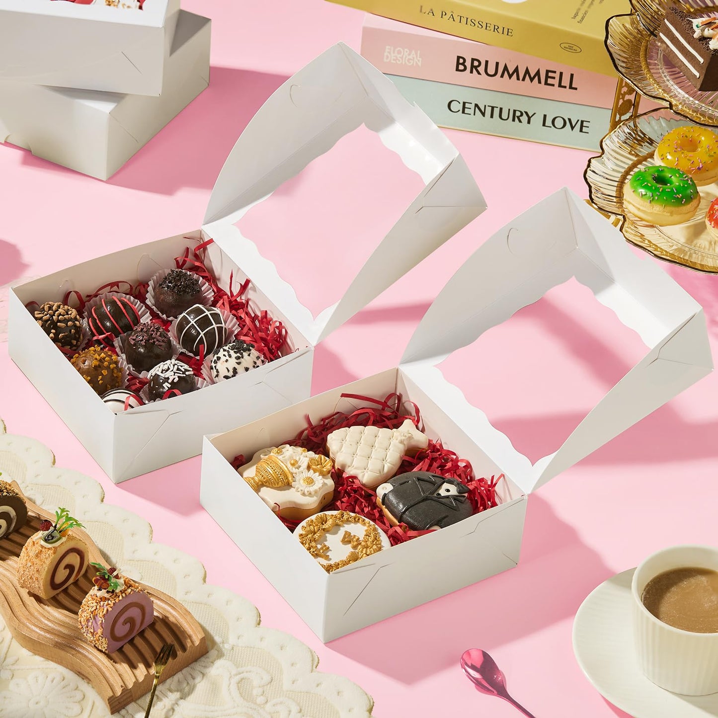 JCXGRVC 100PCS 6"x6"x2½ Bakery Boxes with Window Cookie Boxes Small Cake Boxes Macaron Boxes Pie Boxes Truffle Chocolate Boxes for Christmas Valentine's Mother's Day