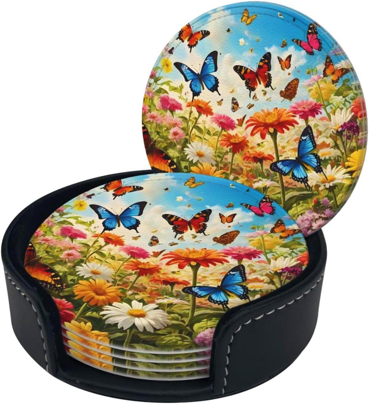 BOXIMIAO Drink Coasters with Holder Stand Set of 6, Bright Flower Butterfly Pu Leather Absorbent Coasters with Cork Base Table Coaster Round Coasters for Housewarming Apartment Kitchen Bar Decor