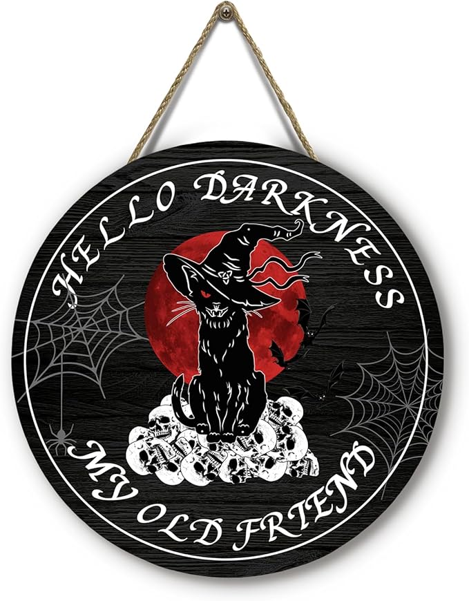Halloween Black Cat Front Door Signs Hello Darkness My Old Friend Wooden Door Sign Skull Spiderweb Bat Wall Hangers Halloween Door Hanging Decorations for Home Door Porch